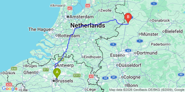 Map: Brussels Zaventem Airport (BRU) to Ochtrup