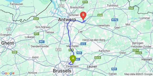 Map: Brussels Zaventem Airport (BRU) to Oelegem