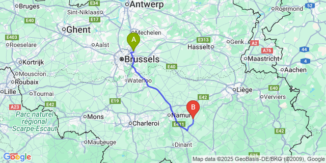 Map: Brussels Zaventem Airport (BRU) to Ohey