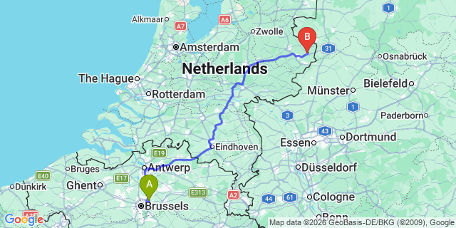 Map: Brussels Zaventem Airport (BRU) to Oldenzaal