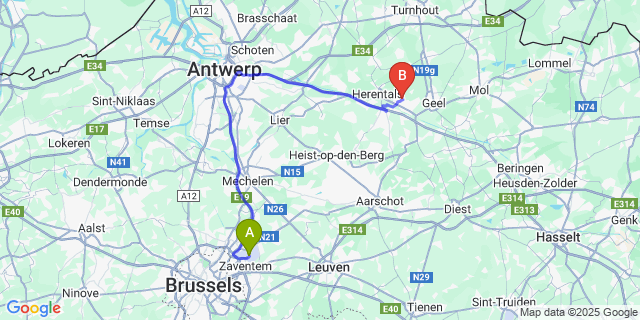 Map: Brussels Zaventem Airport (BRU) to Olen