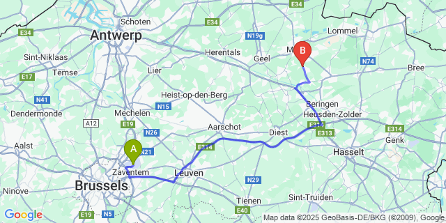 Map: Brussels Zaventem Airport (BRU) to Olmen
