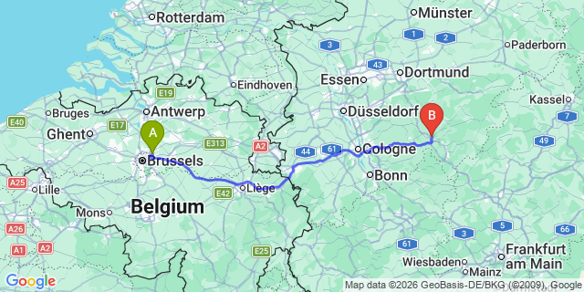 Map: Brussels Zaventem Airport (BRU) to Olpe