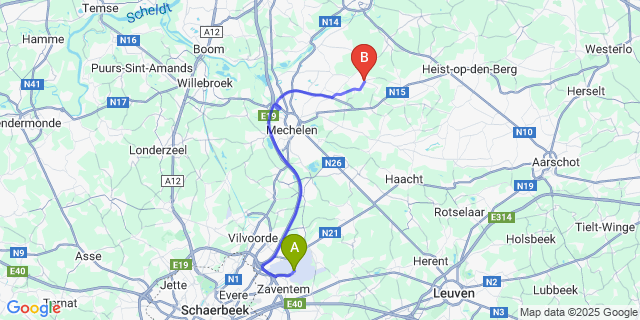 Map: Brussels Zaventem Airport (BRU) to Onze-Lieve-Vrouw-Waver