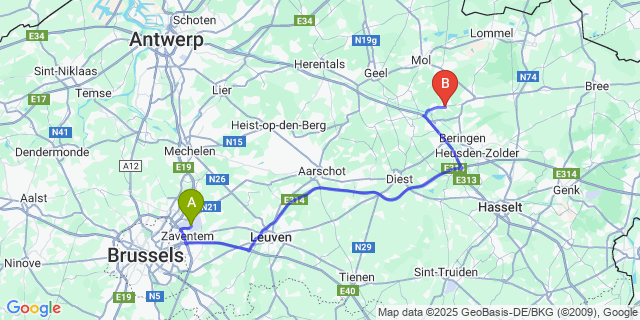 Map: Brussels Zaventem Airport (BRU) to Oostham