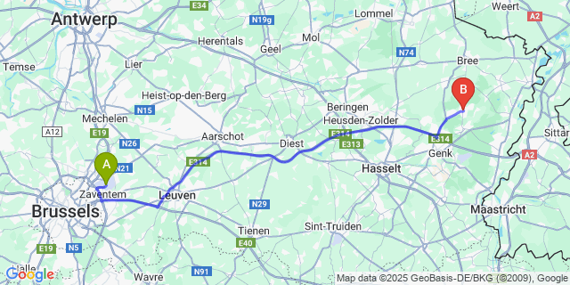 Map: Brussels Zaventem Airport (BRU) to Opglabbeek