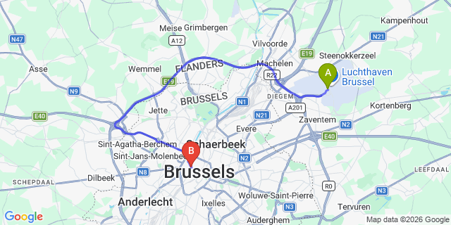 Map: Brussels Zaventem Airport (BRU) to OPO Hotel, Brussels