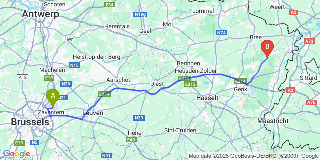 Map: Brussels Zaventem Airport (BRU) to Opoeteren