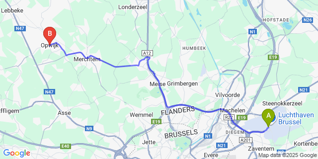 Map: Brussels Zaventem Airport (BRU) to Opwijk
