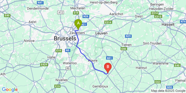 Map: Brussels Zaventem Airport (BRU) to Orbais