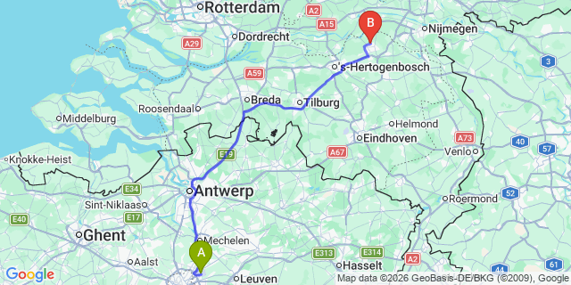 Map: Brussels Zaventem Airport (BRU) to Oss
