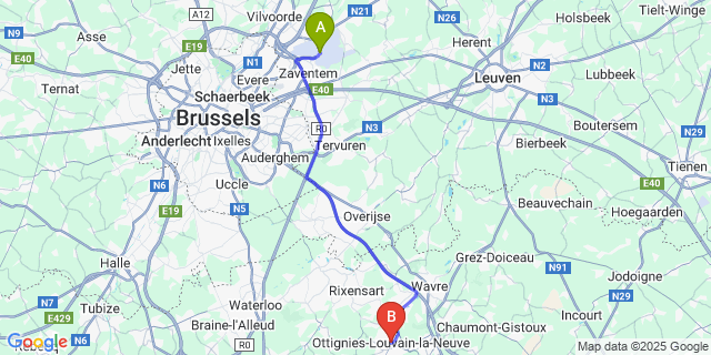 Map: Brussels Zaventem Airport (BRU) to Ottignies-Louvain-la-Neuve
