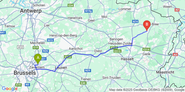 Map: Brussels Zaventem Airport (BRU) to Oudsbergen