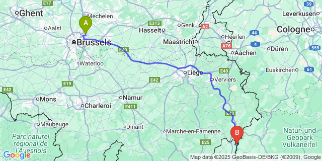 Map: Brussels Zaventem Airport (BRU) to Ouren