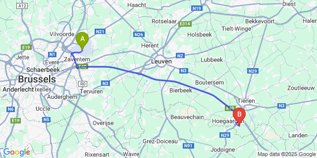 Map: Brussels Zaventem Airport (BRU) to Outgaarden