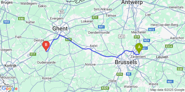 Map: Brussels Zaventem Airport (BRU) to Ouwegem