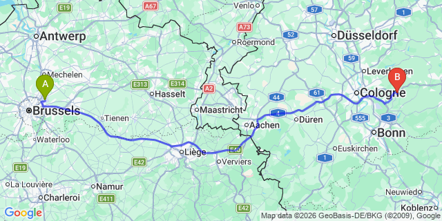 Map: Brussels Zaventem Airport (BRU) to Overath