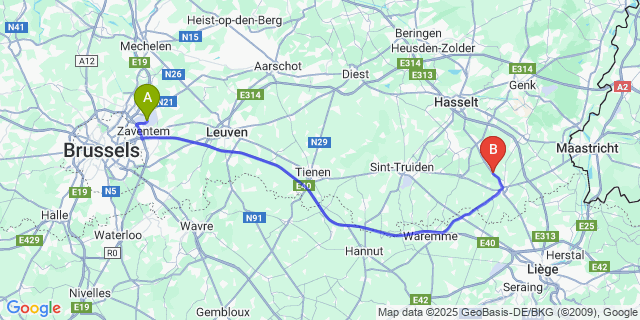 Map: Brussels Zaventem Airport (BRU) to Overrepen