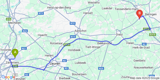 Map: Brussels Zaventem Airport (BRU) to Paal