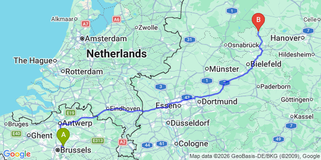 Map: Brussels Zaventem Airport (BRU) to Paderborn