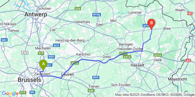 Map: Brussels Zaventem Airport (BRU) to Peer