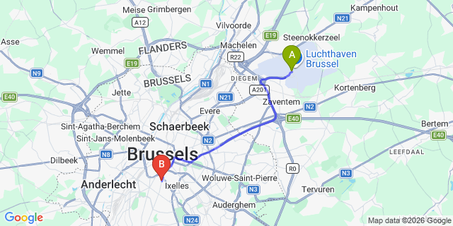 Map: Brussels Zaventem Airport (BRU) to Pentahotel Brussels City Centre