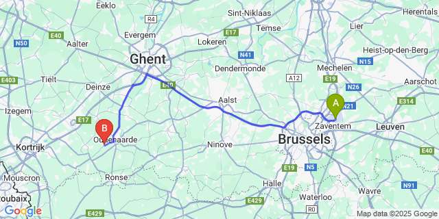 Map: Brussels Zaventem Airport (BRU) to Petegem-aan-de-Schelde