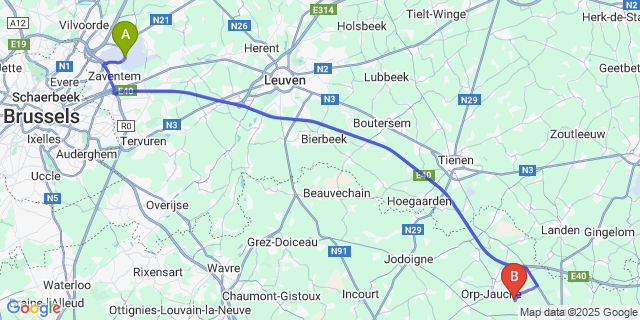 Map: Brussels Zaventem Airport (BRU) to Petit-Hallet