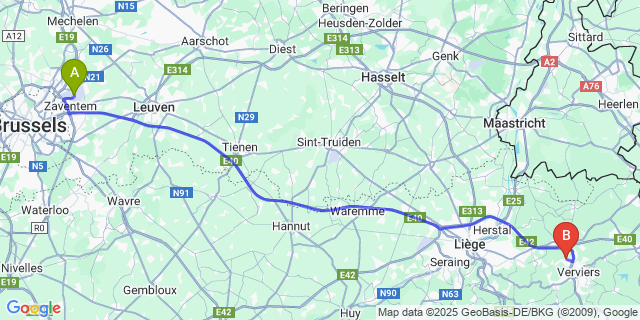 Map: Brussels Zaventem Airport (BRU) to Petit-Rechain