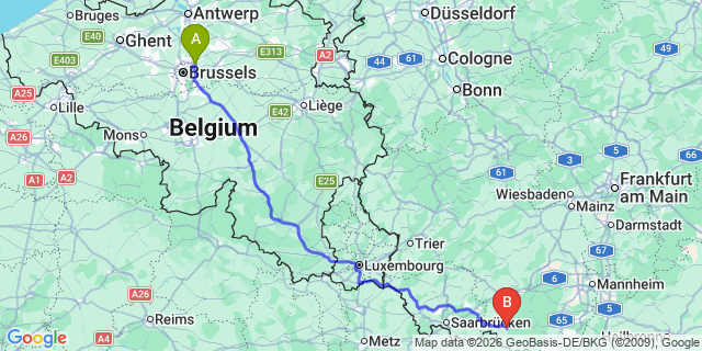 Map: Brussels Zaventem Airport (BRU) to Pirmasens