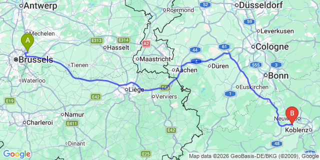 Map: Brussels Zaventem Airport (BRU) to Plaidt
