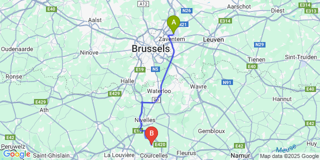 Map: Brussels Zaventem Airport (BRU) to Pont-à-Celles