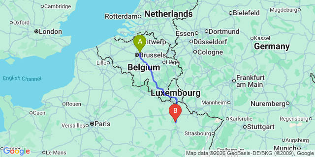 Map: Brussels Zaventem Airport (BRU) to Pont-à-Mousson