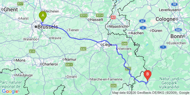 Map: Brussels Zaventem Airport (BRU) to Prüm
