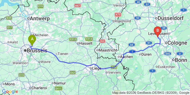 Map: Brussels Zaventem Airport (BRU) to Pulheim