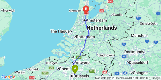 Map: Brussels Zaventem Airport (BRU) to Purmerend