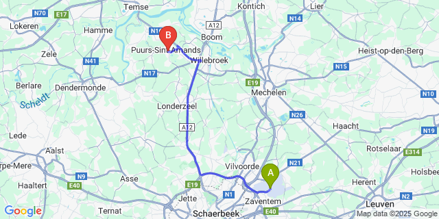 Map: Brussels Zaventem Airport (BRU) to Puurs-Sint-Amands