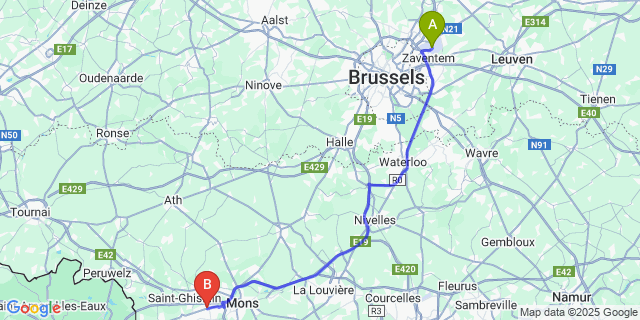 Map: Brussels Zaventem Airport (BRU) to Quaregnon