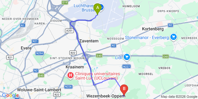 Map: Brussels Zaventem Airport (BRU) to Radisson Collection The National Hotel, Brussels