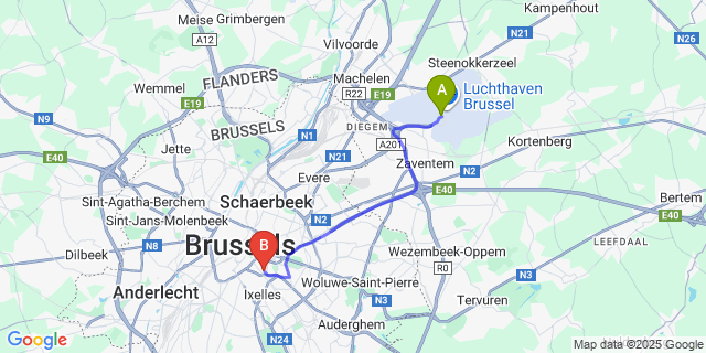 Map: Brussels Zaventem Airport (BRU) to Radisson RED Brussels