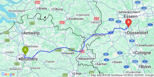 Map: Brussels Zaventem Airport (BRU) to Ratingen