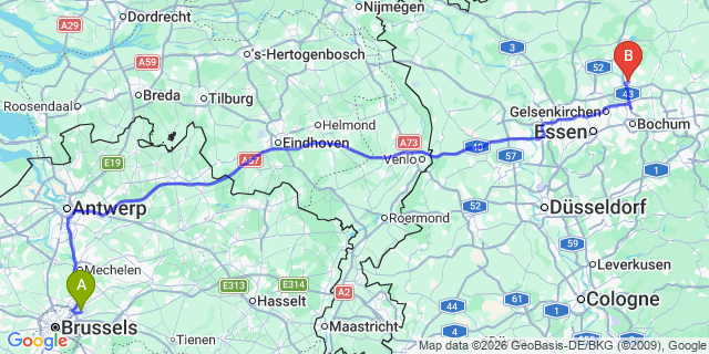 Map: Brussels Zaventem Airport (BRU) to Recklinghausen