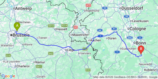 Map: Brussels Zaventem Airport (BRU) to Remagen