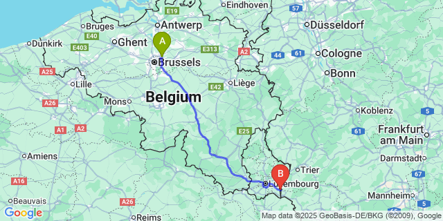 Map: Brussels Zaventem Airport (BRU) to Remich
