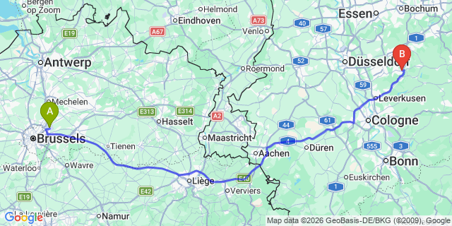 Map: Brussels Zaventem Airport (BRU) to Remscheid