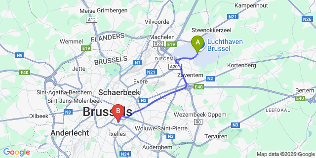Map: Brussels Zaventem Airport (BRU) to Renaissance Brussels Hotel