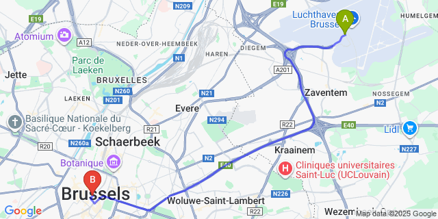 Map: Brussels Zaventem Airport (BRU) to RentByNight - Apartments, Brussels