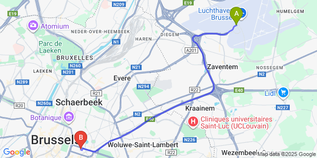 Map: Brussels Zaventem Airport (BRU) to Residence EU, Brussels