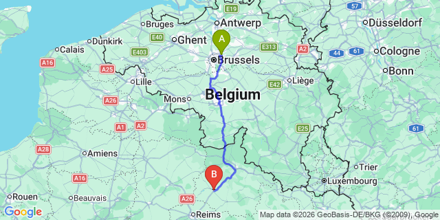 Map: Brussels Zaventem Airport (BRU) to Rethel