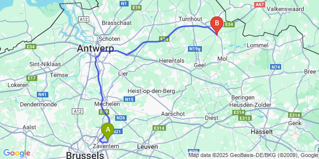 Map: Brussels Zaventem Airport (BRU) to Retie